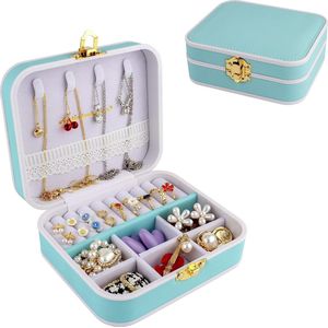 Reiskoffer: draagbare organizer van PU-leeg voor voor- en onderkant met gleuf, open voor ringen, bellen, kettingen en armbanden - blauw en wit