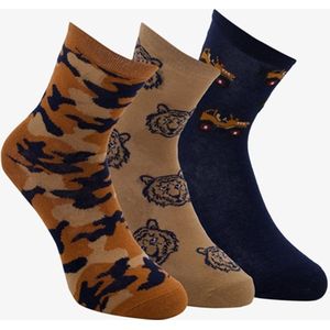 3 paar middellange kinder sokken met stoere print - Bruin - Maat 27/30