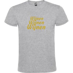 Grijs  T shirt met  print van ""Wijnen Wijnen Wijnen "" print Goud size XXL