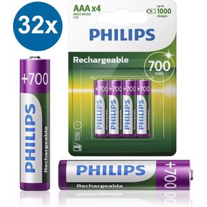 PHILIPS Oplaadbare AAA-Batterijen HR03 - 32 Stuks (8 Blisters a 4 Stuks) - NiMH 1.2V - 1000 Keer Herladen - 700mAh