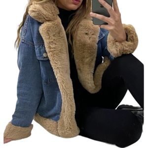 Dilena fashion spijker jas- jack camel faux bont gevoerd-zakken