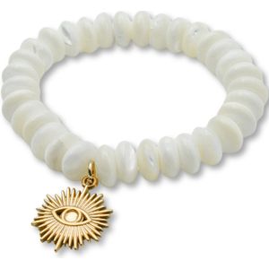 Marama - armband Golden Eye - damesarmband - elastisch - wit - goud - geslepen schelpensteen - gouden oog hanger - luxe cadeau dames