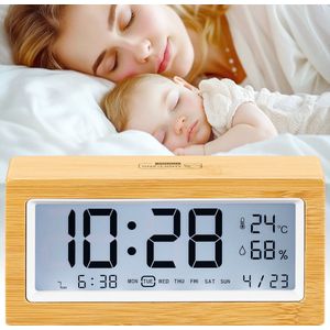 Navaris digitale wekker klok LCD - Digitale klok met LCD scherm - Met tijd, weeknummer, datum, alarmtijd, temperatuur en luchtvochtigheid - Bamboe