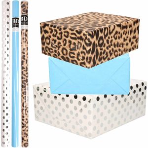 12x Rollen kraft inpakpapier/folie pakket - panterprint/blauw/wit met zilveren stippen 200 x 70 cm - dierenprint papier