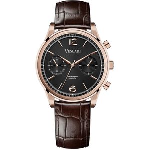 Heren Polshorloge - Vescari -Chestor - Rosegold - Leer - Bruin - Chronograaf - Ø 40 mm