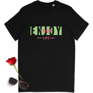 T shirt met positieve quote - Tshirt met tekst: Enjoy Your Life - Dames motivatie t-shirt - Heren t shirt met tekst - Vrouwen en mannen shirt met print opdruk - Unisex maten: S M L XL XXL XXXL - T-shirt kleuren: Zwart en wit.