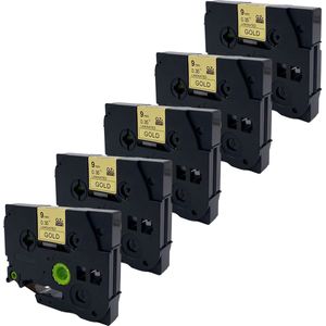 DULA Brother Compatible label tape- Tze-821 - 5 cassettes - Brother P-Touch - Zwart op goud - 9mm x 8m