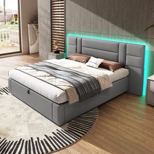 Sweiko LED Zacht Kussen bed 160 x 200 cm, Hydraulisch bed, met LED Verlichting, Bergruimte, Geschikt voor volwassenen en tieners, houten steun, gemakkelijk te monteren, PU, Rookgrijs (Geen matras)