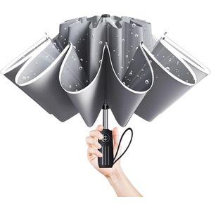 Paraplu omgekeerd met 10 ribben, stormvast, groot, automatisch open, winddicht, waterdicht, voor dames en heren, golfparaplu, opvouwbare paraplu met reflecterende strepen