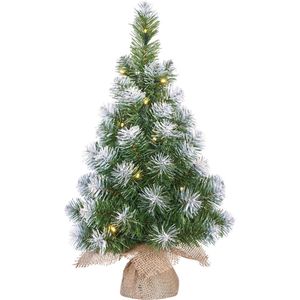 Kunst kerstboom/kunstboom in jute zak met verlichting en sneeuw 60 cm - Miniboompjes/kerstboompjes