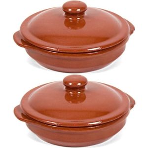 6x Stenen ovenschalen met deksel bruin/ terracotta 18 cm - Terracotta ovenschalen/stoofpotten