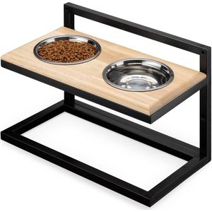 Hoogteverstelbare houder voor dubbele voerbakken - Houten en metalen voederstation met 2 RVS bakken - Voor honden dog bowl stand