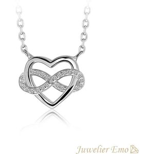 Juwelier Emo - Hart & infinity Ketting Zilver met Zirkonia's - Zilveren Ketting met hanger - 45 CM