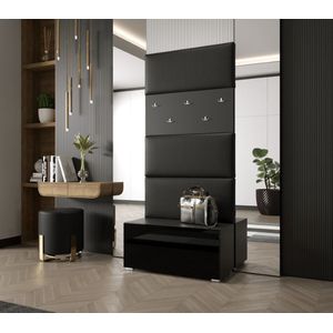 Kledingkast - Schoenenkast - 5 hangers - 3 zwart gestoffeerde panelen - Moderne zwarte kledingkast