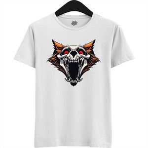 Furry Skull Dog - Halloween Hellhound Wolf Dames / Heren Unisex T-shirt - Grappig Hond Kostuum Shirt Idee Voor Volwassenen - T-Shirt - Unisex - Wit - Maat L