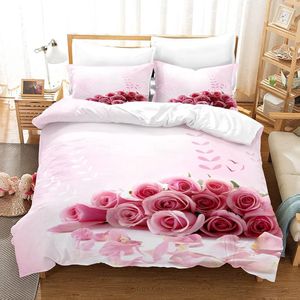 3-delige dekbedovertrekset met rozenpatroon, beddengoed met 3D rood-roze rozenbloemen, beddengoed met hartroos, dekbedovertrek met paarsroze, romantisch beddengoed voor volwassenen, tieners (A, 135 x 200 cm)