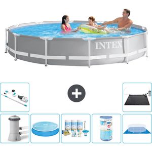 Intex Rond Prism Frame Zwembad - 366 x 76 cm - Grijs - Inclusief Pomp Solarzeil - Onderhoudspakket - Filter - Grondzeil - Stofzuiger - Solar Mat