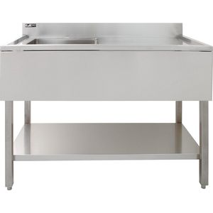 Catering Spoeltafel Roestvrij Staal Commerciële Keuken Restaurant Spoelbak Enkele Kom Rechter Afdruipvlak Vrijstaand Onderste Opbergplank Verstelbare Poten Spatwand GRATIS Zeefplug 90 x 120 x 60cm