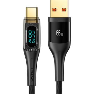 Oplaadkabel - Oplader Kabel Alle Merken - USB Naar USB C Kabel - USAMS - Geschikt voor Geschikt Voor iPhone Oplader - 1.2 meter - Gouden Connector - Stevige Kabel - Onbreekbaar - Realtime Digitaal Scherm - 66W - Zwart