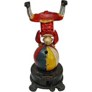 Spaarpot Mechanisch - Clown op kleurrijke bal - Gietijzer - 23 cm hoog