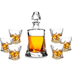 Luxe Whisky Karaf en Glazen Set - Een Kristallen Whiskey Decanter van 800 ml met 6 Whiskey Glazen van 300 ml, Perfect voor Cocktails, Martini, Cognac, Scotch, Whisky, Wodka - Prachtig Verpakt in een Luxe Geschenkdoos, Complete Set van 7 Stuks