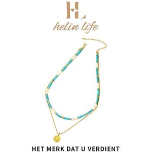helin Life - Damesketting -Layerkettingen- 18k verguld - Hanger - 41 cm / 6cm - Turkoois - Parel - Cadeau - Goud