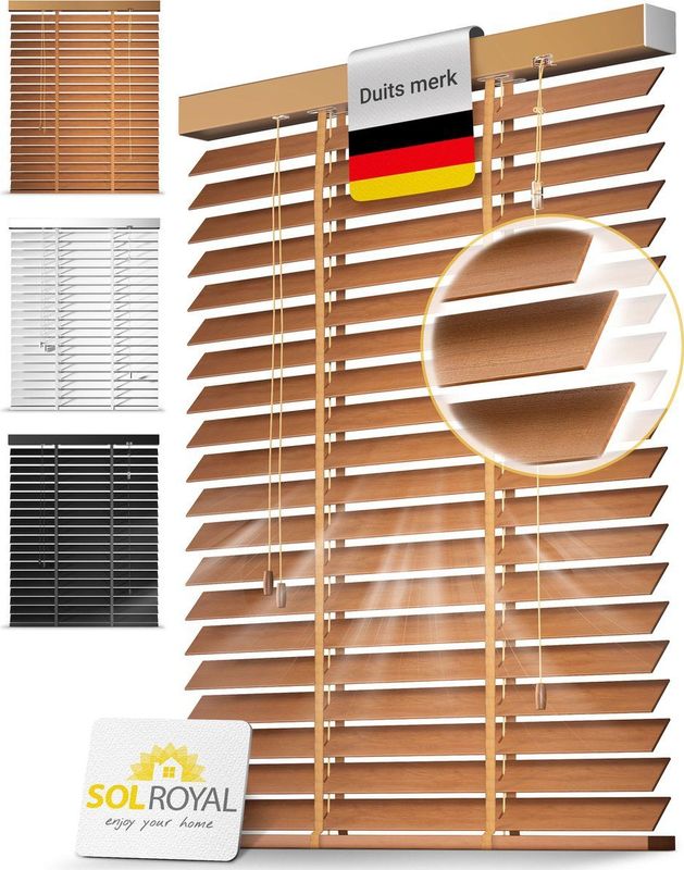 Sol Royal BE5 – Houten Jaloezieen Eikenhout 50 mm Lamellen Extra Breed – 75x180 cm – Eenvoudige Montage aan Muur & Plafond – Echt Hout – Rolgordijn Raam & Deur