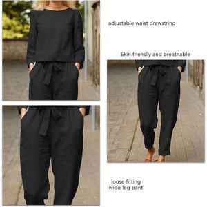 Lente Herfst 2 Stuk Ronde Hals Damesbroekpakken - Casual - Lange Mouw - Trekkoord Taille - Wijde Pijpen - Zakken - Zwart - Maat S