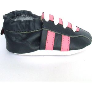 Aapie babyslofjes - Sneaker blauw roze - slofjes voor baby, dreumes - leer - antislip - eerste loopschoentjes - maat S