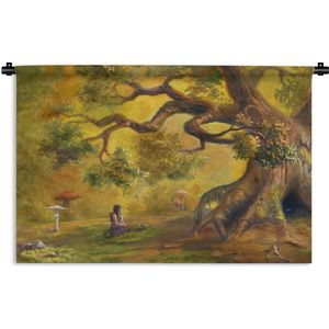 Wandkleed Bossen en bomen illustratie - Een illustratie van een persoon in het bos Wandkleed katoen 60x45 cm - Wandtapijt met foto