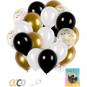 Festivz 40 stuks Goud Zwarte Ballonnen met Lint – Decoratie – Feestversiering - Papieren Confetti – Gold - Black - Gold Latex - Black Latex - Verjaardag - Bruiloft - Feest - Nieuwjaar - 2023 - Happy New Year - Gelukkig Nieuwjaar - Nieuwjaarsfeest