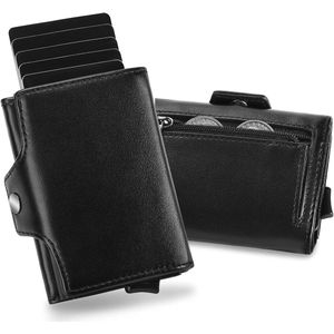 Leren portemonnee met muntvak en RFID-bescherming voor heren - Slim wallet met pop-up kaarthouder van aluminium voor 7 kaarten (zwart)
