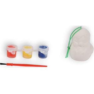 Creatieve Paaseieren- Kip Schilderset voor Kinderen - Kunststof Schilderset met Waterverf - Inclusief Keramisch Figuur van Kuiken in Ei - Hoogte 6cm - Breedte/Lengte ca. 5cm - 3 Kleuren Verf en Kwast Inbegrepen