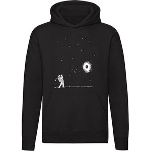 Astronaut golft in de ruimte | space | ruimtevaarder | golf | golven | sport | ruimteschip | Unisex | Trui | Hoodie | Sweater | Capuchon | Zwart