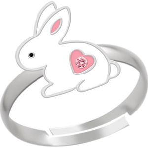 Ring meisjes kind | Ring kinderen | Zilveren ring, wit konijntje met roze hartje en kristal