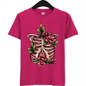 Blooming Bones Ribcage - Halloween Ribbenkast Dames / Heren Unisex T-shirt - Grappig Kostuum Shirt Idee Volwassenen - T-Shirt - Unisex - Fuchsia - Maat L