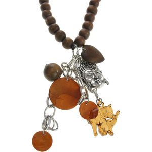 Behave Lange ketting met houten kralen buddha hanger en hangers van schelp