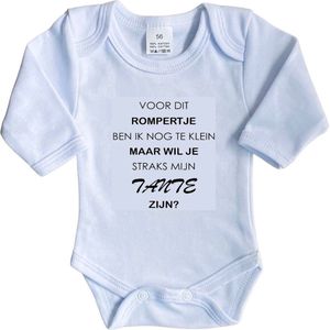 La Petite Couronne Romper Lange Mouw ""Voor dit rompertje ben ik nog te klein maar wil je straks mijn tante zijn?"" Unisex Katoen Wit/zwart Maat 62