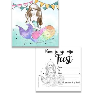 uitnodiging kinderfeest zeemeermin - mermaid - kinderfeest - regenboog - 10 stuks