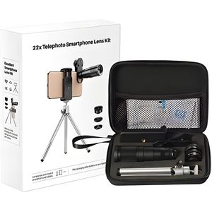 Mobiele Telefoon Camera Lens Kit - 22X Telefoto Lens + 25X Macro Lens + 120° Groothoek Lens + 205° Fisheye Lens - 4-in-1 Set met Statief voor iphone, Huawei, Samsung en meer.