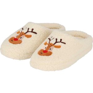 Kerst sloffen dames - Wit - Maat 37/38 - kerst pantoffels - rendier sloffen - pantoffels kerst