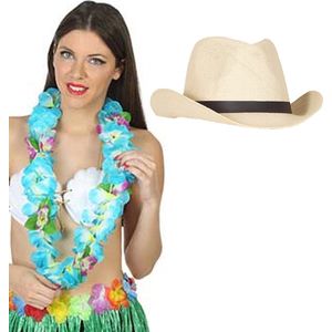 Toppers - Carnaval verkleedset - Tropical Hawaii party - stro cowboy hoed - en volle bloemenslinger blauw - voor volwassenen