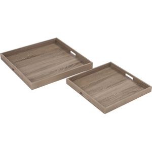 J-Line Vierkant plateau - dienblad - hout - naturel - 2 stuks - woonaccessoires