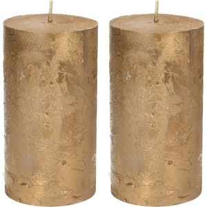 Stompkaars/cilinderkaars - 2x - goud - 7 x 13 cm - rustiek model