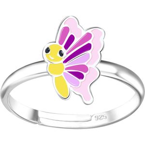 Joy|S - Zilveren vlinder ring - verstelbaar - paars roze geel - voor kinderen