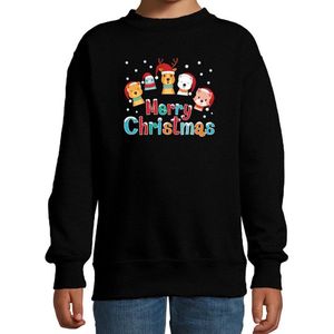 Foute kersttrui / sweater dierenvriendjes Merry christmas zwart voor kinderen - kerstkleding / christmas outfit 152/164