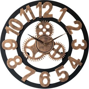 LW Collection wandklok Brons zwart 60 cm industrieel - grote industriële wandklok met tandwielen - Landelijke klok stil uurwerk