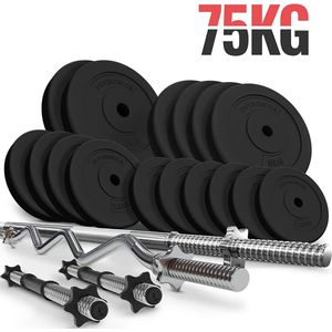 Dumbells - Halterset - Gewichten - Dumbells set - SZ bar - Gewichten fitness - 75 kg - 20-delig - Zwart