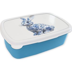 Broodtrommel Blauw - Lunchbox Delftsblauw - Haasje - Wit - Brooddoos 18x12x6 cm - Brood lunch box - Broodtrommels voor kinderen en volwassenen