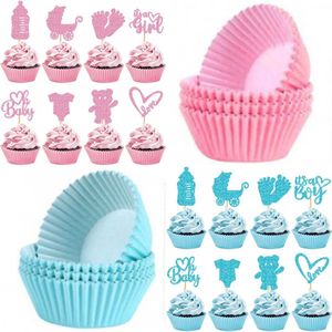16 cupcake prikkers Baby Girl en Baby Boy roze en blauw met 16 roze en blauwe cupcake bakjes - genderreveal - cupcake topper - babyshower